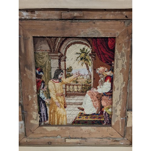 103 - 19th century needlework picture showing Joseph interpreting the dream of pharaoh in salvaged origina... 