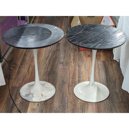 31 - Pair of mid-century weighted aluminium bistro tables with wooden tops