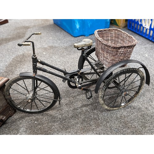 60 - 45 cm long metal art model of vintage 3 wheel tricycle with basket