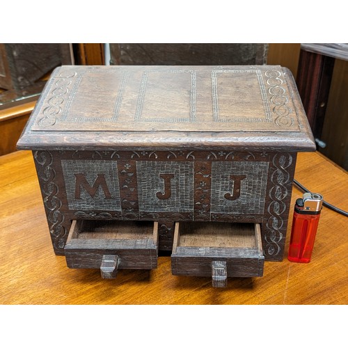 91 - 25 cm long 19th century carved mule chest trinket box with lettering MJJ on front