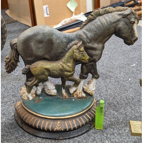 64 - Painted shire horse and foal cast door stop