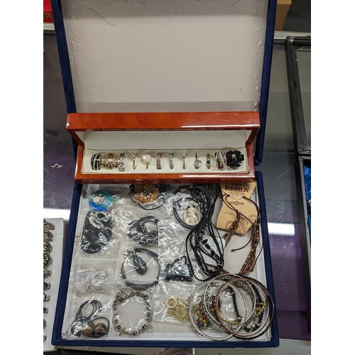 177 - Jewellery case of individually bagged fashion jewellery and wooden ring box with 12 x assorted fashi... 