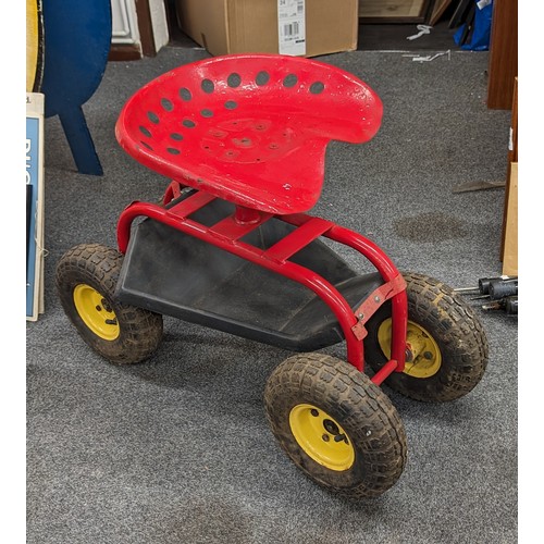 30 - Vintage tractor seat gardening/work trolley, seat has 360 degree spin