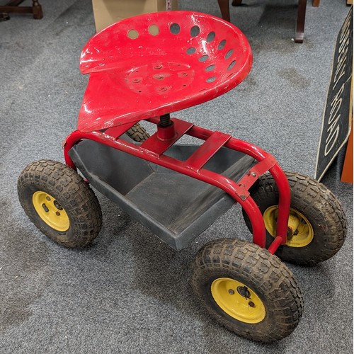 30 - Vintage tractor seat gardening/work trolley, seat has 360 degree spin