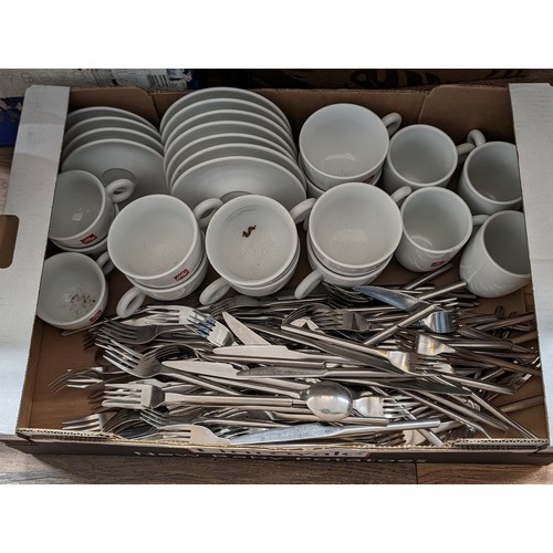 184 - Bundle of cafe ware being cups and saucers and large amount of cutlery