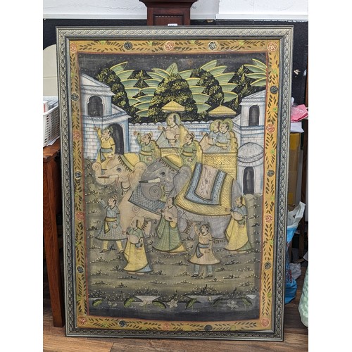 102 - 90 x 125 cm very large vintage Indian silk painting of procession