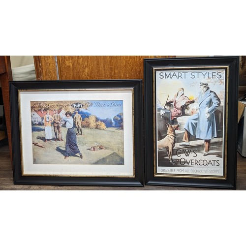 141 - 59 x 47.5 cm  & 38 x 56 cm framed advertising picture prints for FH & W's golf wear and CWS overcoat... 