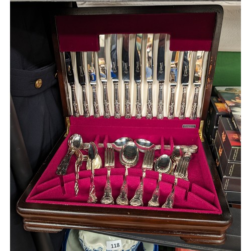 115 - Pinder Bros kings pattern silver plated and stainless steel canteen of cutlery in wooden case