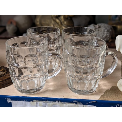 6 - 4 x vintage dimple pint tankard glasses with handles