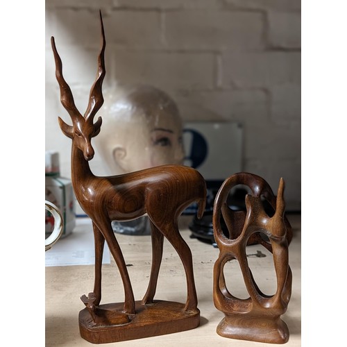 10 - Approximately 34 cm tall retro wooden antelope with young figure (end of one antler missing) and oth... 