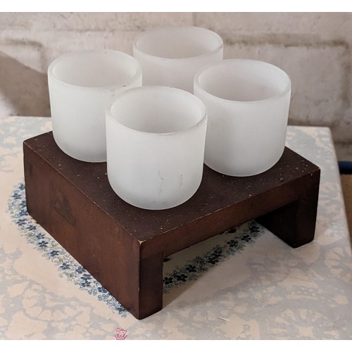 25 - Set of 4 x frosted glass tealights on wooden stand