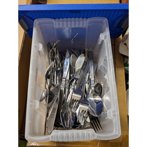 137 - Stainless steel canteen of cutlery in hard plastic storage tub with lid