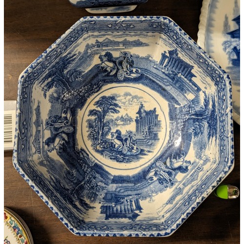 243 - 19 x 19 x 9.5 cm antique Arcadian Chariots blue and white pattern octagonal bowl - no visible cracks... 