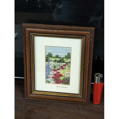 271 - 15 x 17.5 cm framed and mounted Anne Harrison (Leics) hand painted and embroidered landscape scene