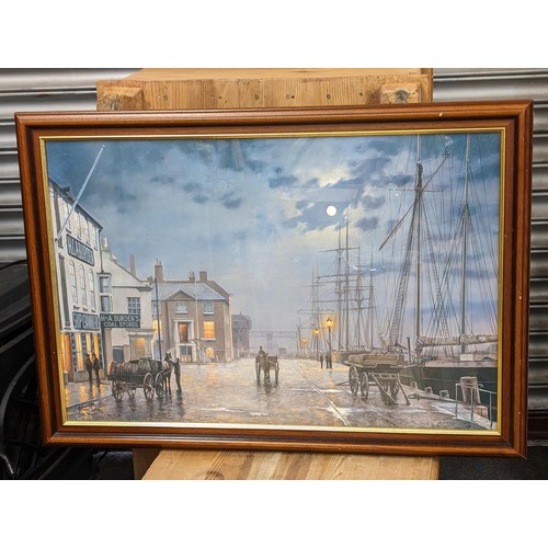 105 - 85 x 59.5 cm framed print titled Poole quay by gaslight, after original painting by Rodney Charman