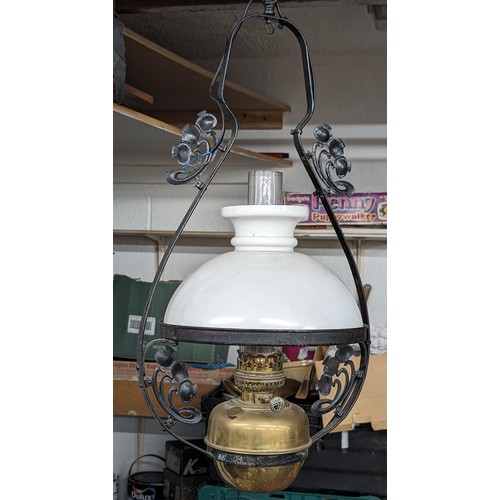 48 - Old oil lamp ceiling light with chimney and shade - electric conversion but no plug attached