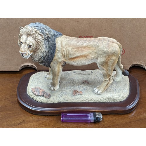 57 - Hand painted black maned lion figure by Savannah Wildlife Collection on approximately 27 x 15 cm woo... 