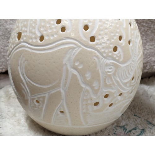 25 - Carved ostrich egg with African elephants detail etc