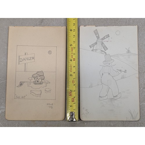 71 - Approximately 9.5 x 16 cm pencil sketches of Dutchman walking with Windmills and soldier peering thr... 