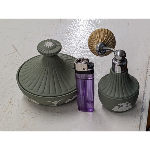 88 - Wedgwood jasper ware white on green perfume atomiser and lidded powder pot