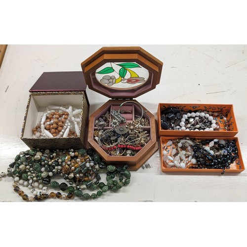 212 - Octagonal jewellery box and 2 x other boxes of assorted costume and dress jewellery