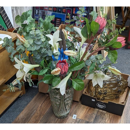 52 - 31 cm tall old pressed glass vase with large artificial flower arrangement