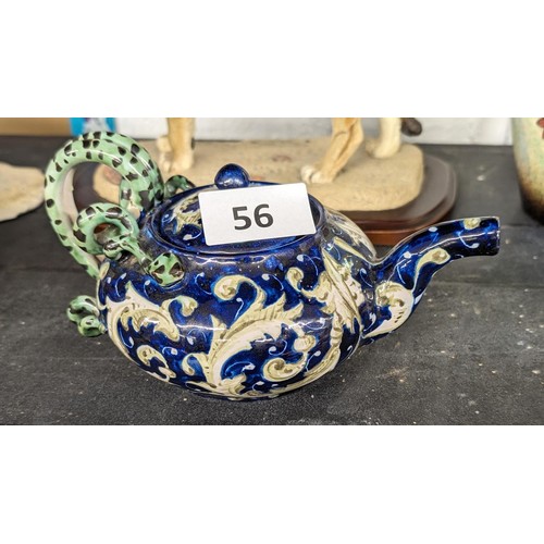 56 - Majolica faience teapot with coiled snake handle - small chip on inside of lid