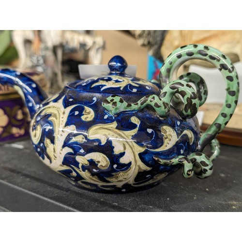 56 - Majolica faience teapot with coiled snake handle - small chip on inside of lid