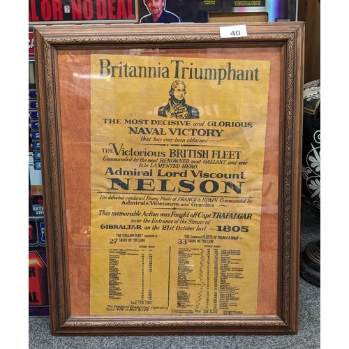 40 - 48 x 58 cm framed delicate Nelson Britannia triumphant, battle of waterloo information poster