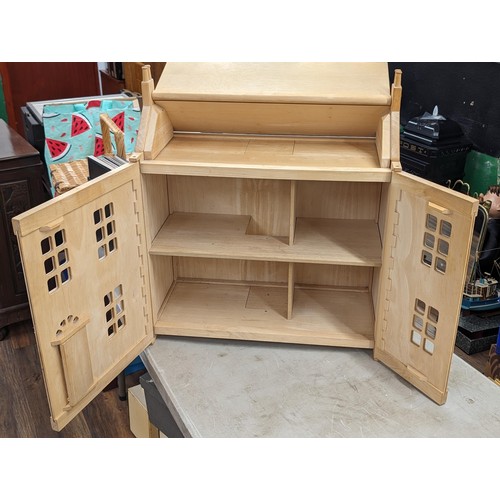 33 - 64 x 33 x 71 cm unpainted wooden dolls house with furniture and dolls