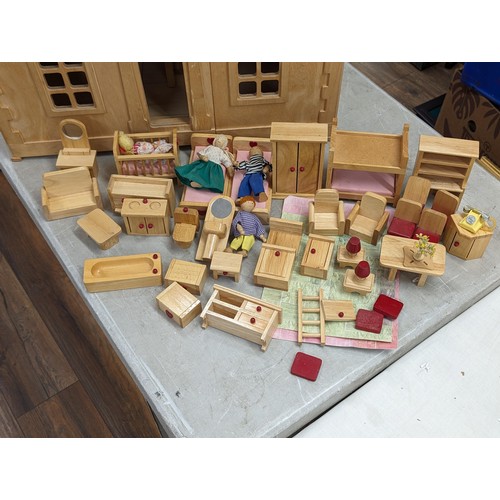 33 - 64 x 33 x 71 cm unpainted wooden dolls house with furniture and dolls