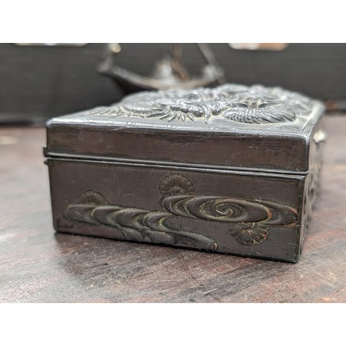 141 - 11 x 9 x 5.5 cm raised dragon detail Chinese cigarette/cigar box and Islamic bronze look oil lamp