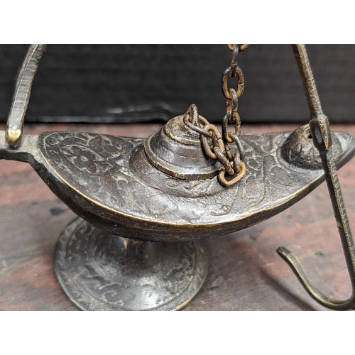 141 - 11 x 9 x 5.5 cm raised dragon detail Chinese cigarette/cigar box and Islamic bronze look oil lamp