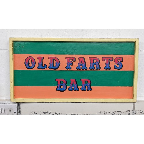 175 - Approximately 2 ft x 1 ft hand painted wooden fairground style sign 'Old Farts Bar'