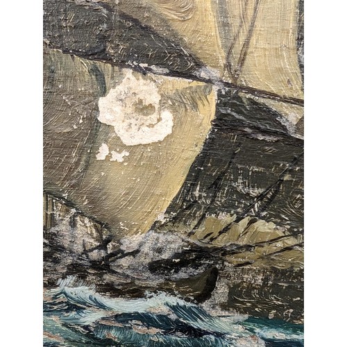 330 - 37 x 36 cm oil painting on board sailing ship in storm with cloud break and rainbow initialled WW, D... 