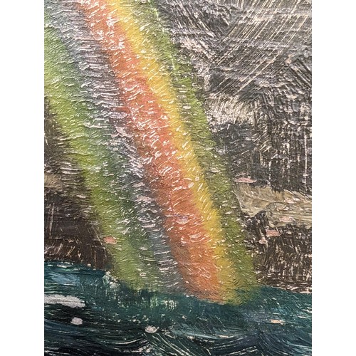 330 - 37 x 36 cm oil painting on board sailing ship in storm with cloud break and rainbow initialled WW, D... 