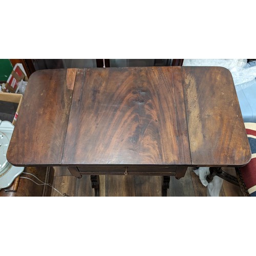 208 - 19th century lockable (key present) drop leaf sewing table restoration project with veneer loss and ... 