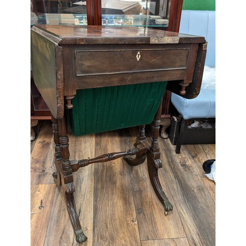 208 - 19th century lockable (key present) drop leaf sewing table restoration project with veneer loss and ... 