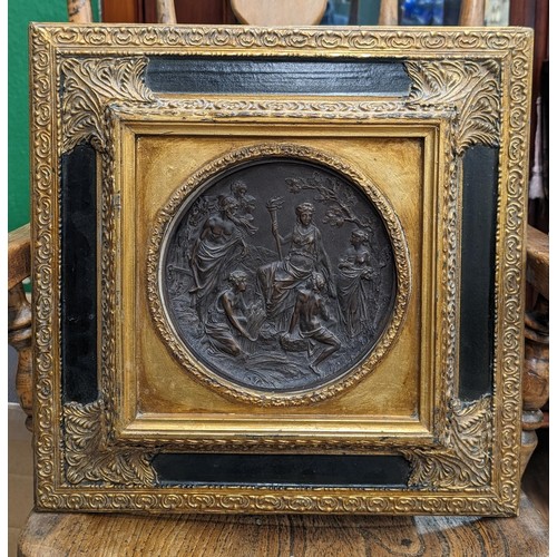 178 - 43 x 43 cm gilt framed bronze roundlet on relief marble/granite Olympia scene neoclassical plaque