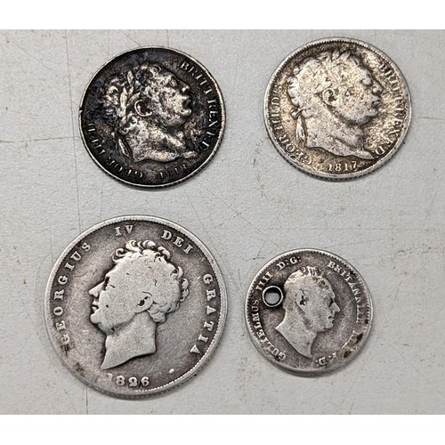 182 - 1817 and 1818 George III 6d coins, 1826 George IV shilling and 1836 William IV four pence silver coi... 