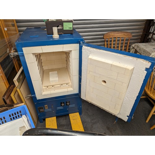 362 - Cromartie Kilns model FB80 large front loading ceramic kiln with good selection of furniture