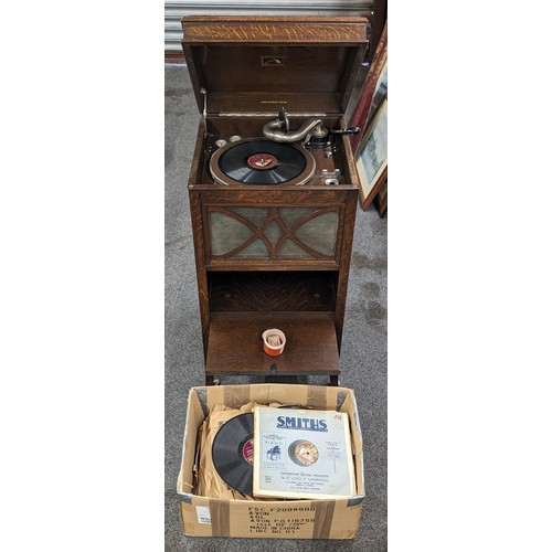 358 - 45 x 43 x 83 cm vintage HMV wind up cabinet gramophone in good working order PLUS box of assorted mo... 