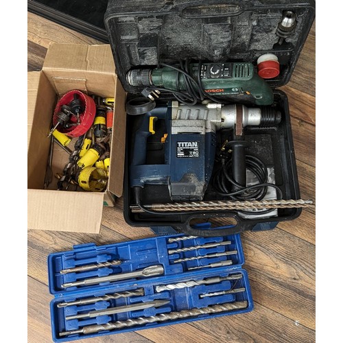 231 - Titan 6 kg SDS plus rotary hammer drill in case, loose Bosch CSB 6502RP electric drill and quantity ... 