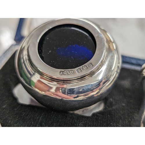 185 - Near mint and cased 1969 Joseph Gloster hallmarked silver cruet set with blue glass liners and 1900 ... 
