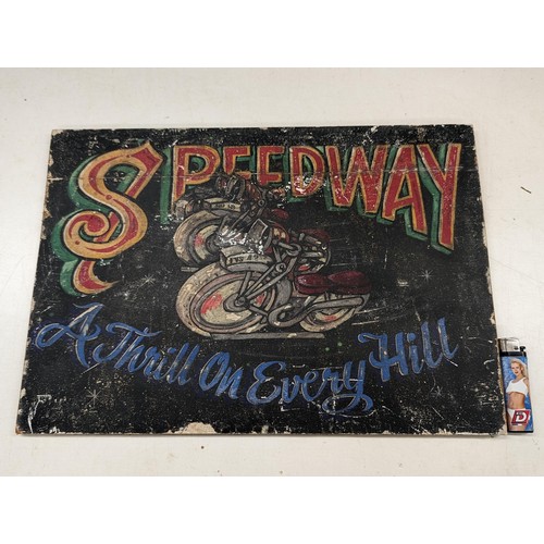 19 - Approximately 42.5 x 30 cm vintage look wooden printed speedway fairground ride sign