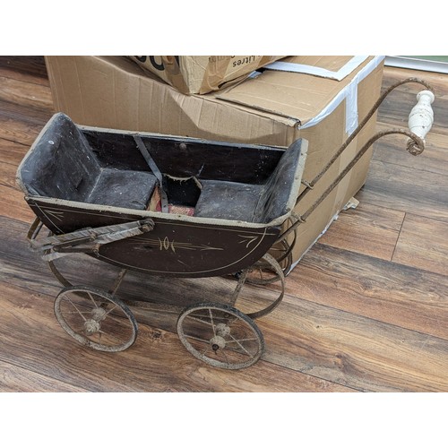331 - Victorian 19th century twin dolls pram outbuilding find in reasonable condition for age