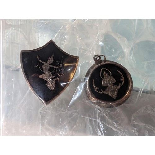 209 - Siam silver goddess double sided pendant and similar sterling shield shaped dancing goddess brooch