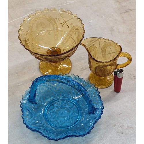 45 - Vintage amber glass 'Good Luck' jug and bowl set and other blue glass sweet basket