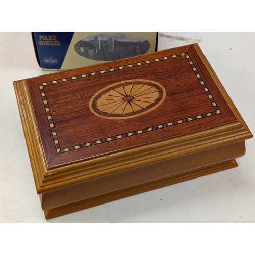 30 - Inlaid look jewellery box and contents