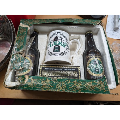 19 - Boxed 1978 Lees brewery 150 year commemorative tankard and 2 x commemorative brew bottles of beer